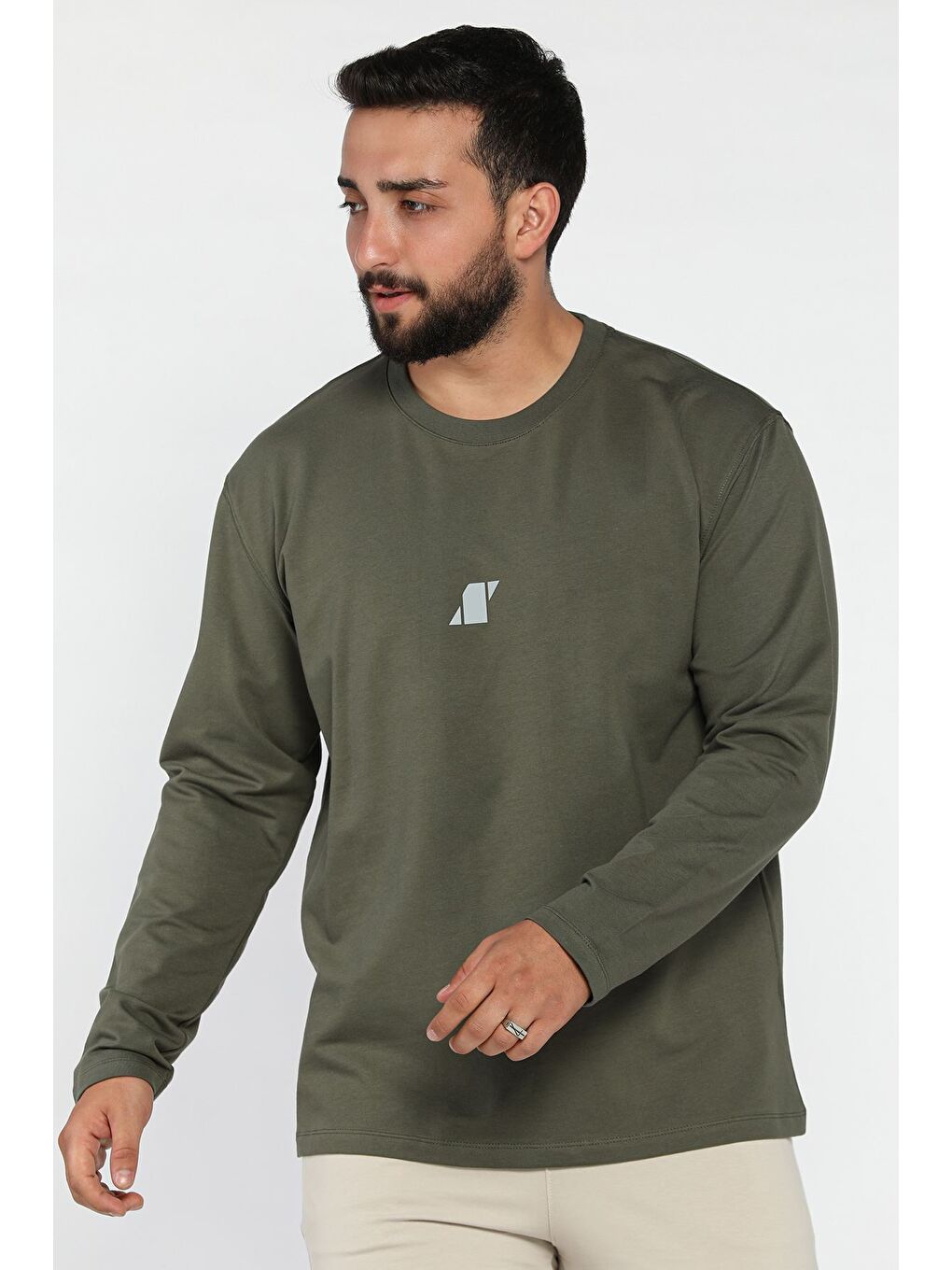 Haki Erkek Bisiklet Yaka Baskılı Sweatshirt-1