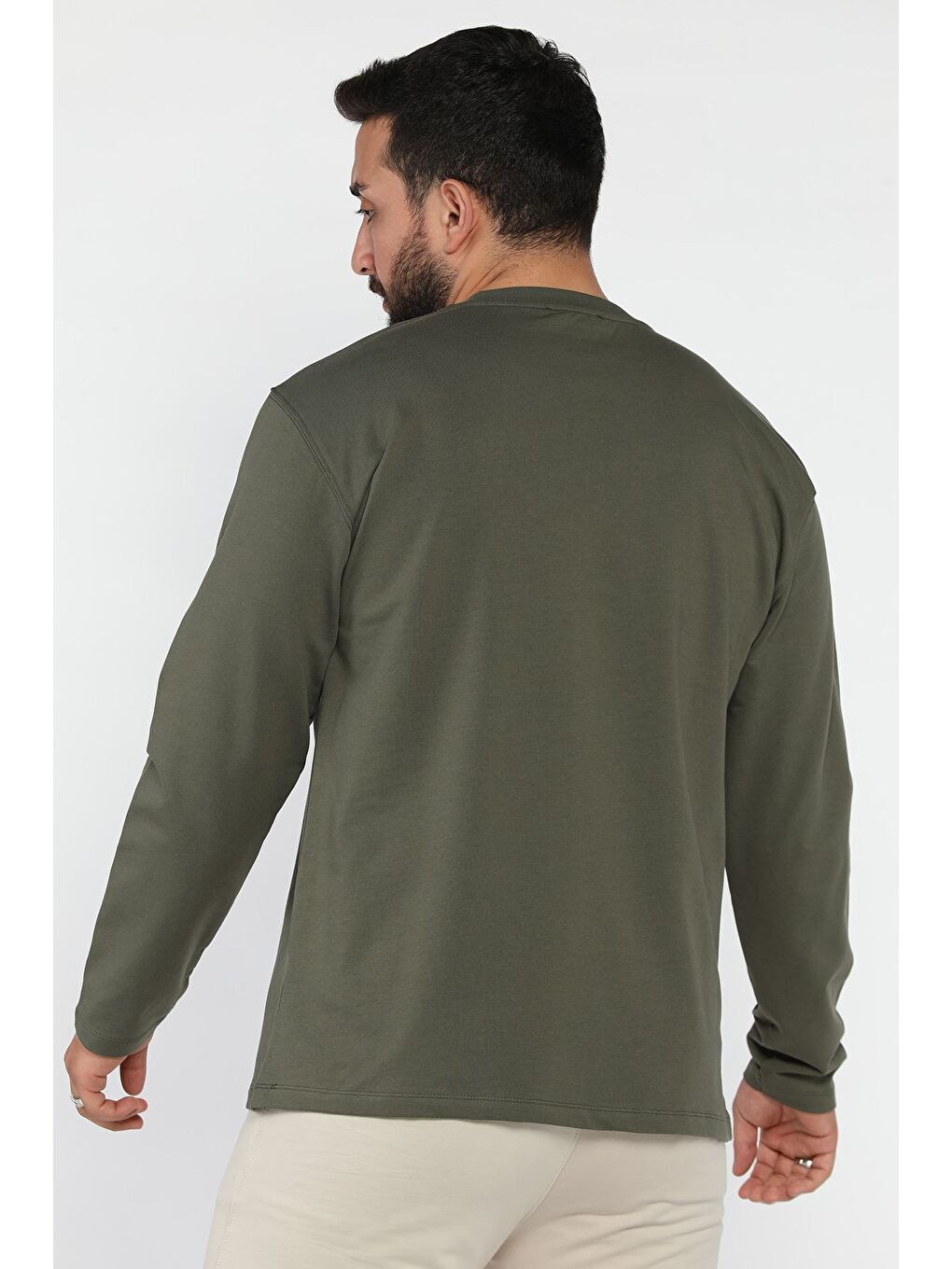 Haki Erkek Bisiklet Yaka Baskılı Sweatshirt-2