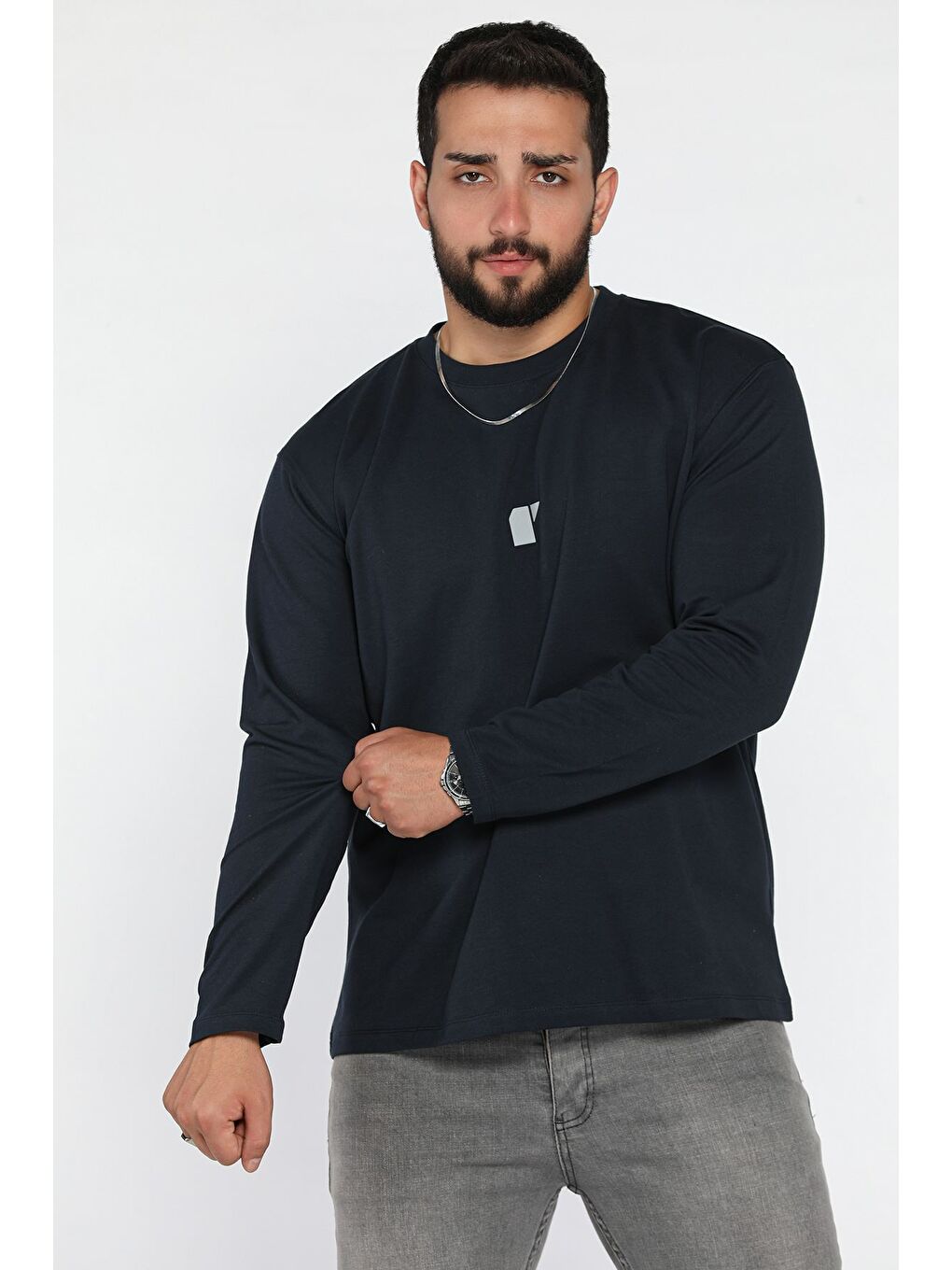 Lacivert Erkek Bisiklet Yaka Baskılı Sweatshirt