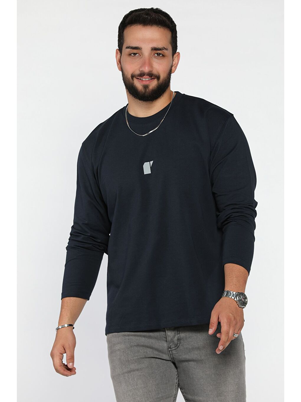 Lacivert Erkek Bisiklet Yaka Baskılı Sweatshirt-1