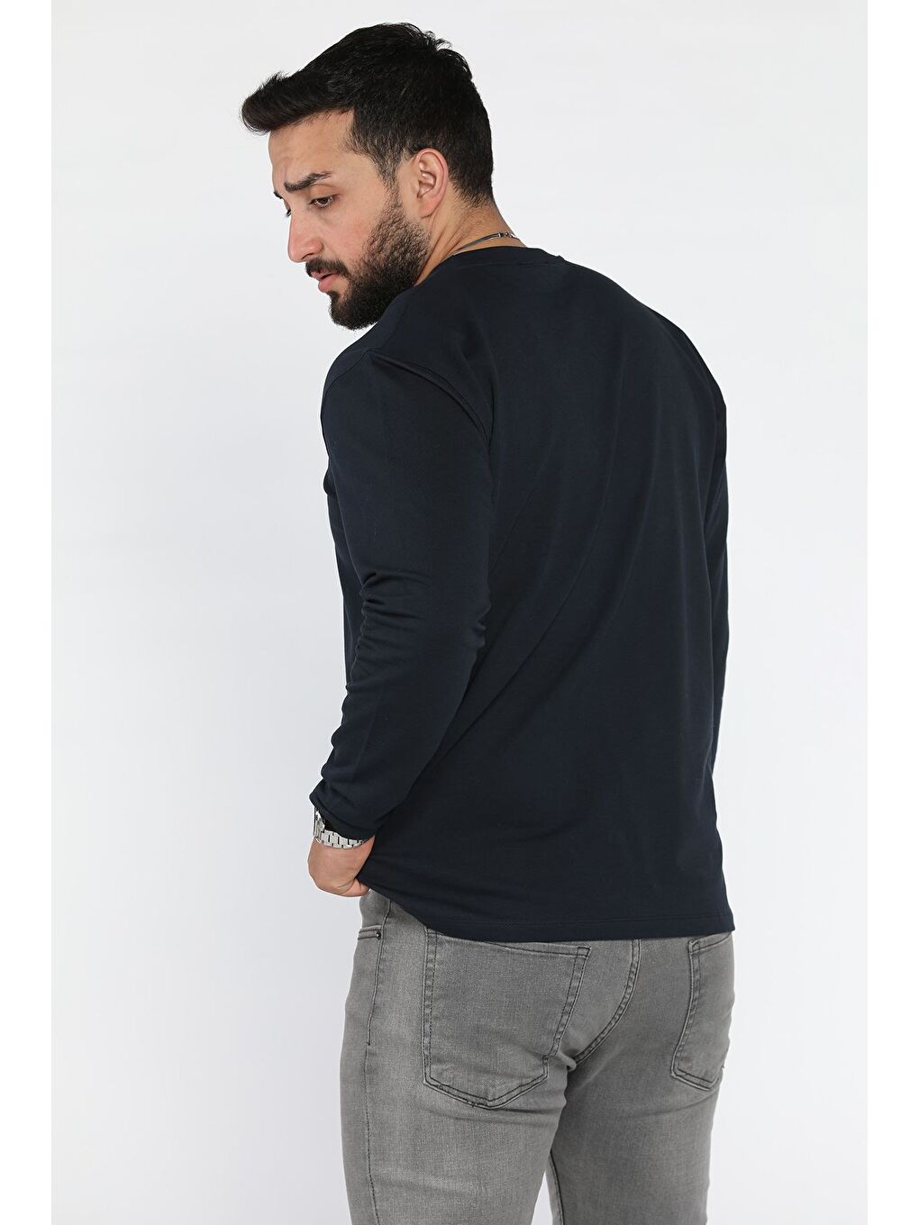 Lacivert Erkek Bisiklet Yaka Baskılı Sweatshirt-2