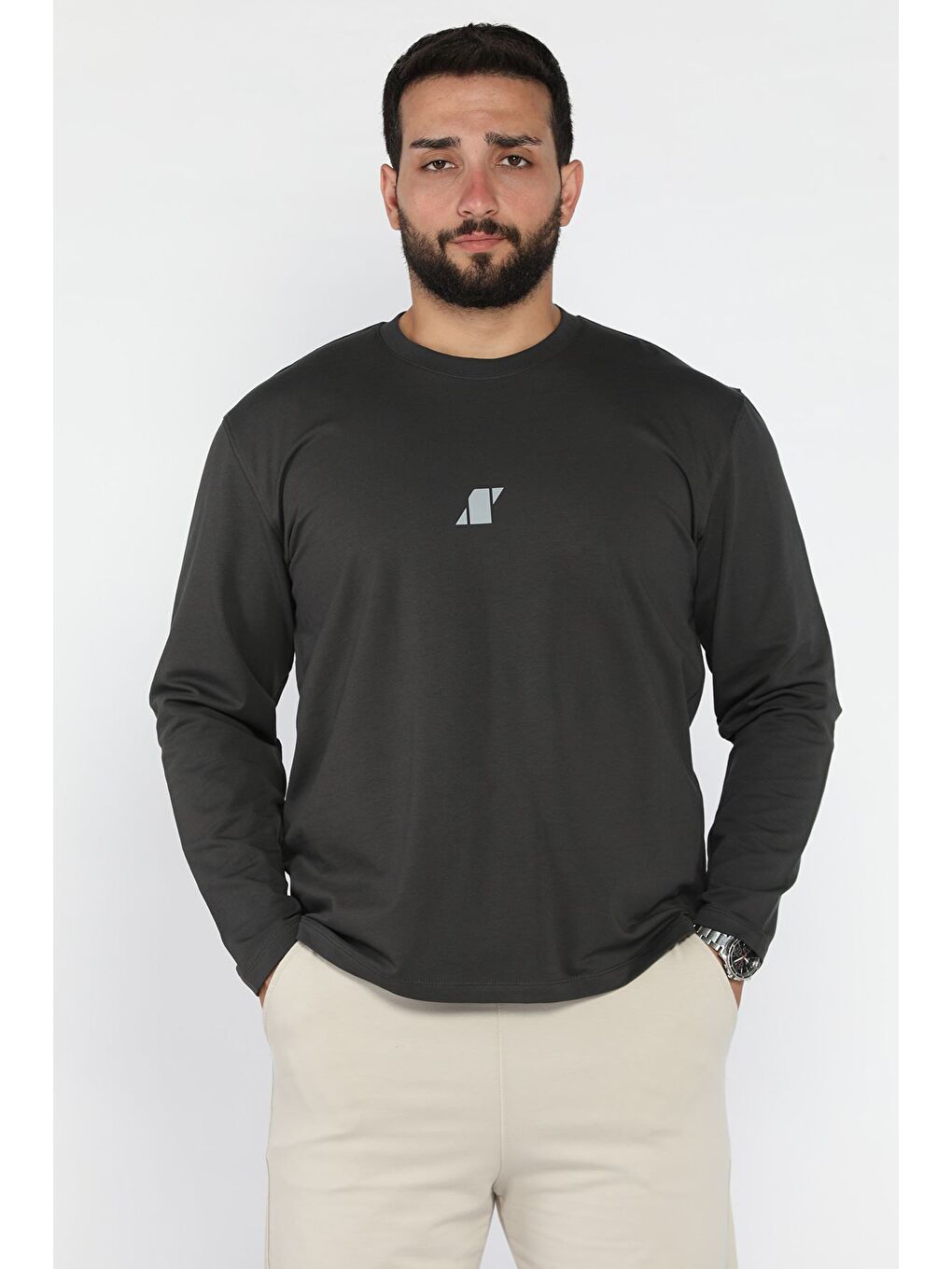 Gri Erkek Bisiklet Yaka Baskılı Sweatshirt