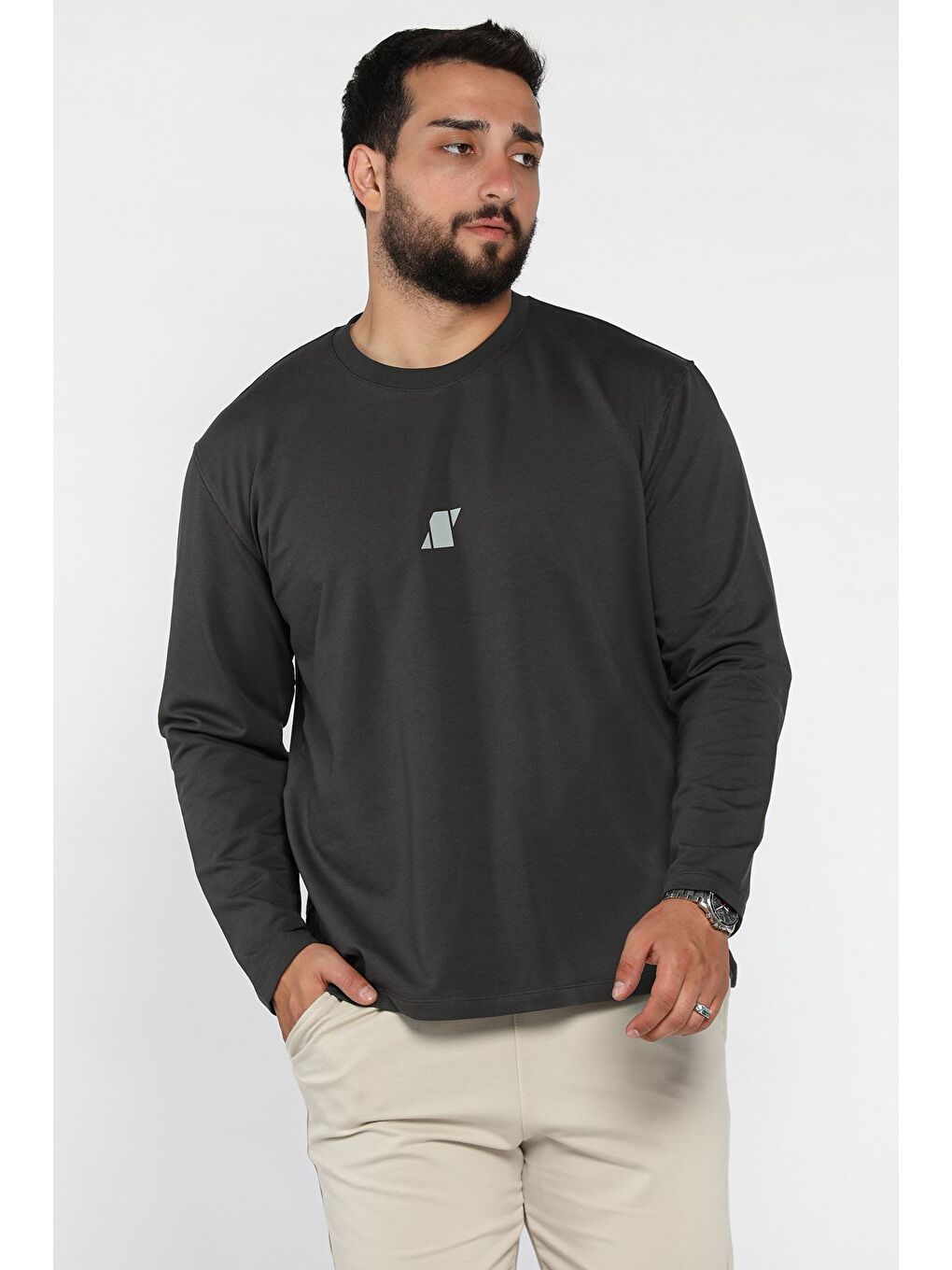 Gri Erkek Bisiklet Yaka Baskılı Sweatshirt-1