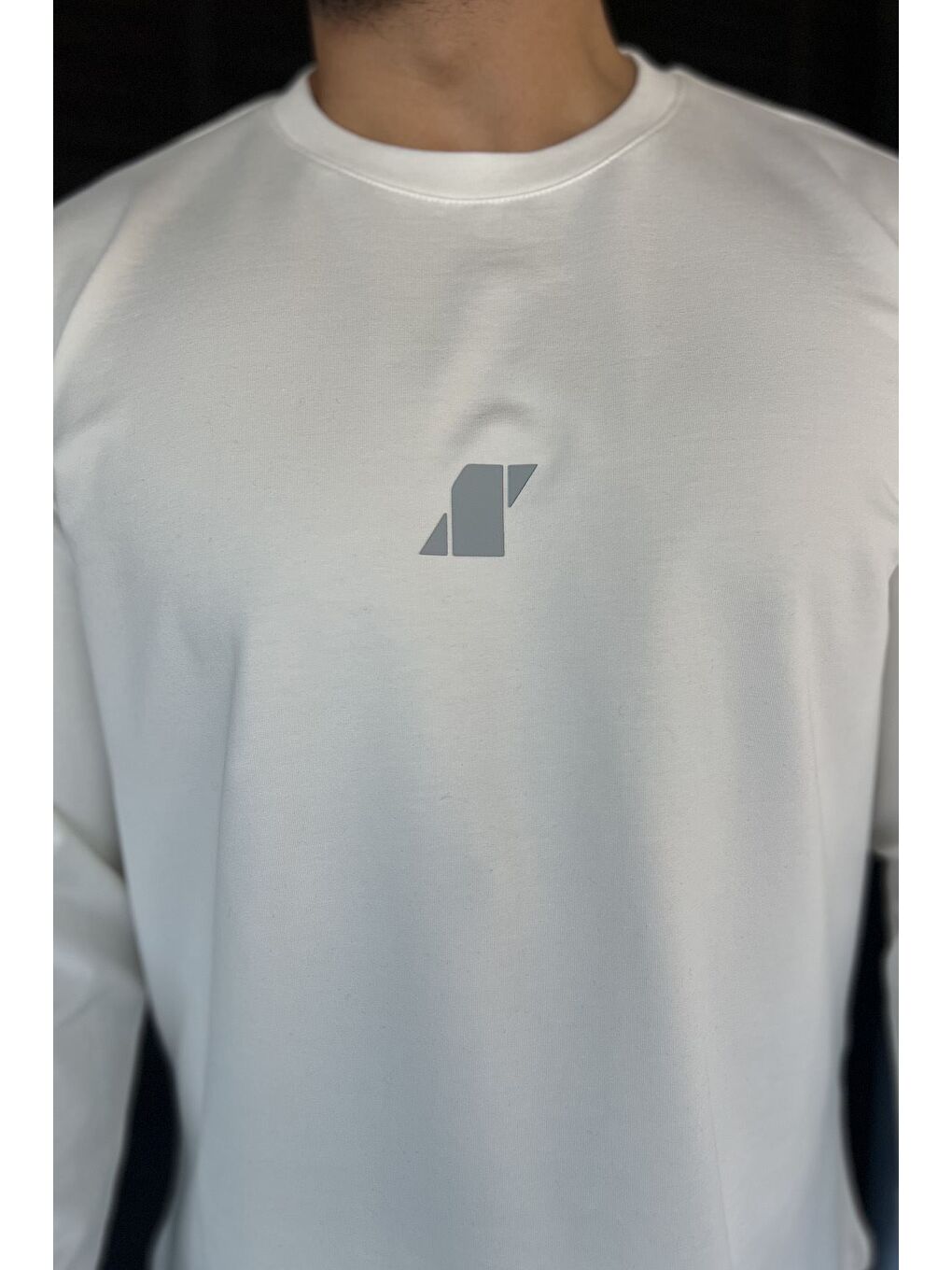 Ekru Erkek Bisiklet Yaka Baskılı Sweatshirt-2