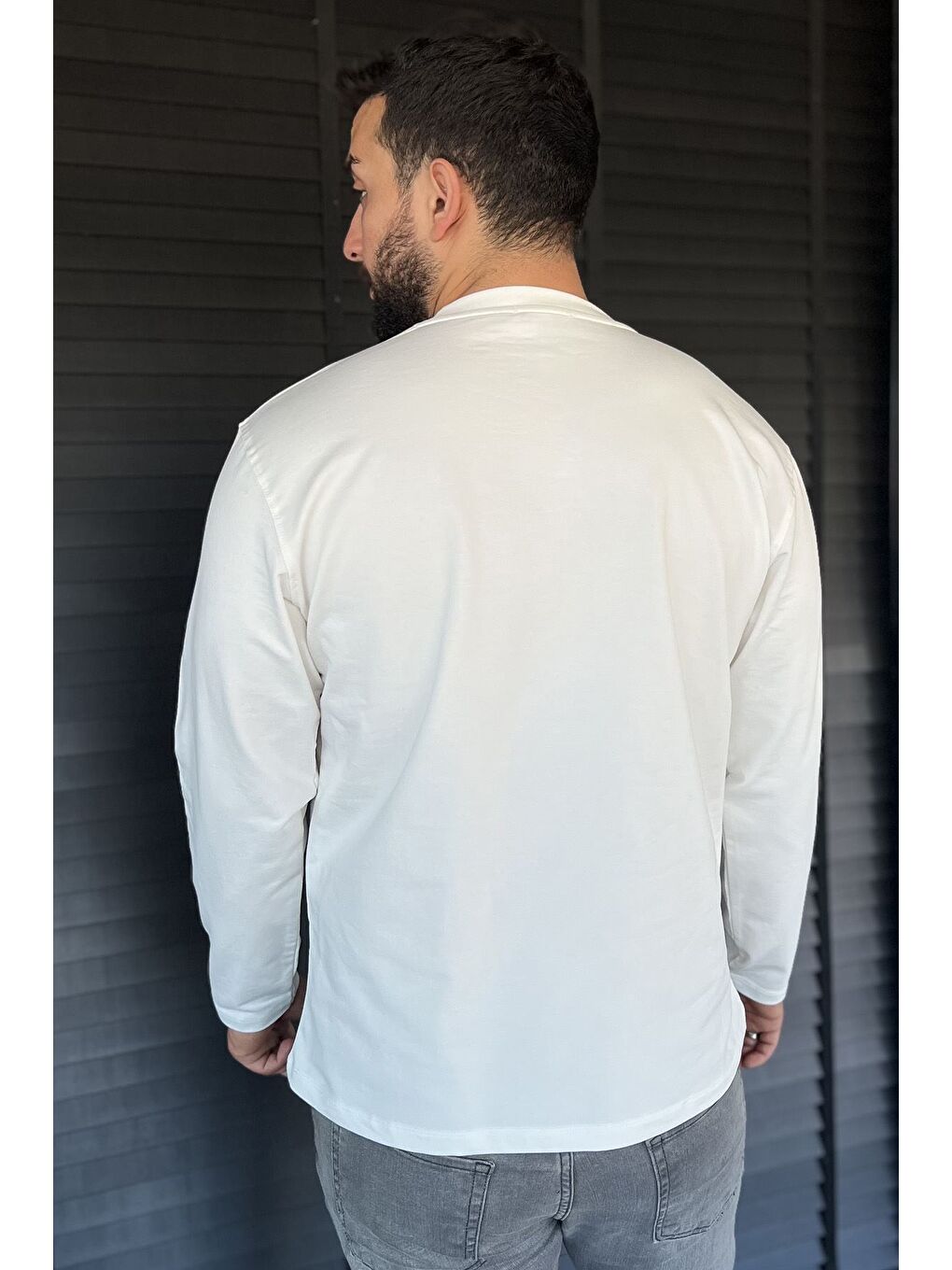 Ekru Erkek Bisiklet Yaka Baskılı Sweatshirt-3