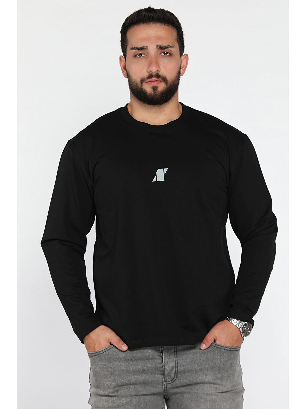 Siyah Erkek Bisiklet Yaka Baskılı Sweatshirt