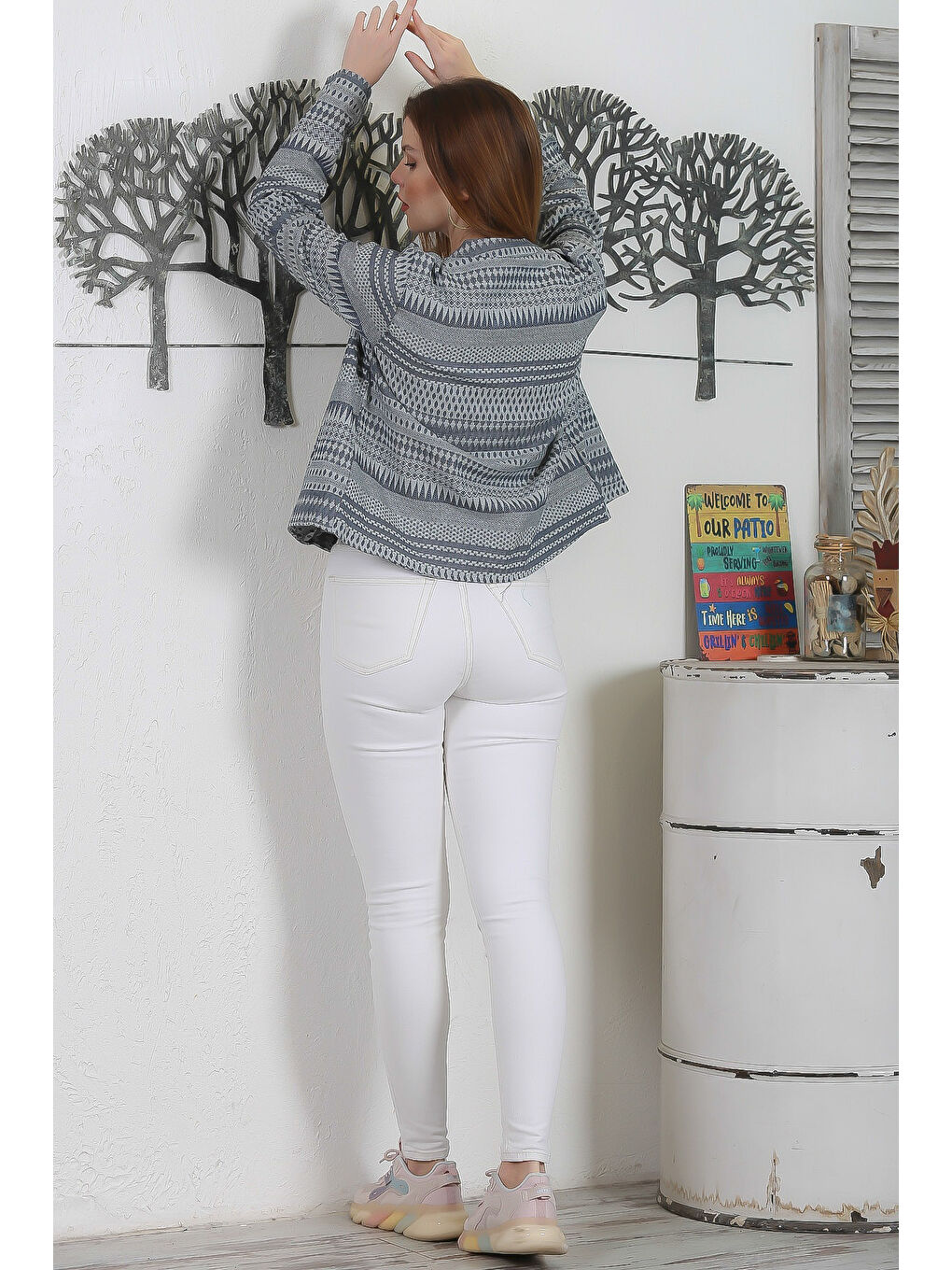 Gri Hakim Yaka Uzun Kol Desenli Kapamasız Astarlı Casual Dokuma Ceket-5