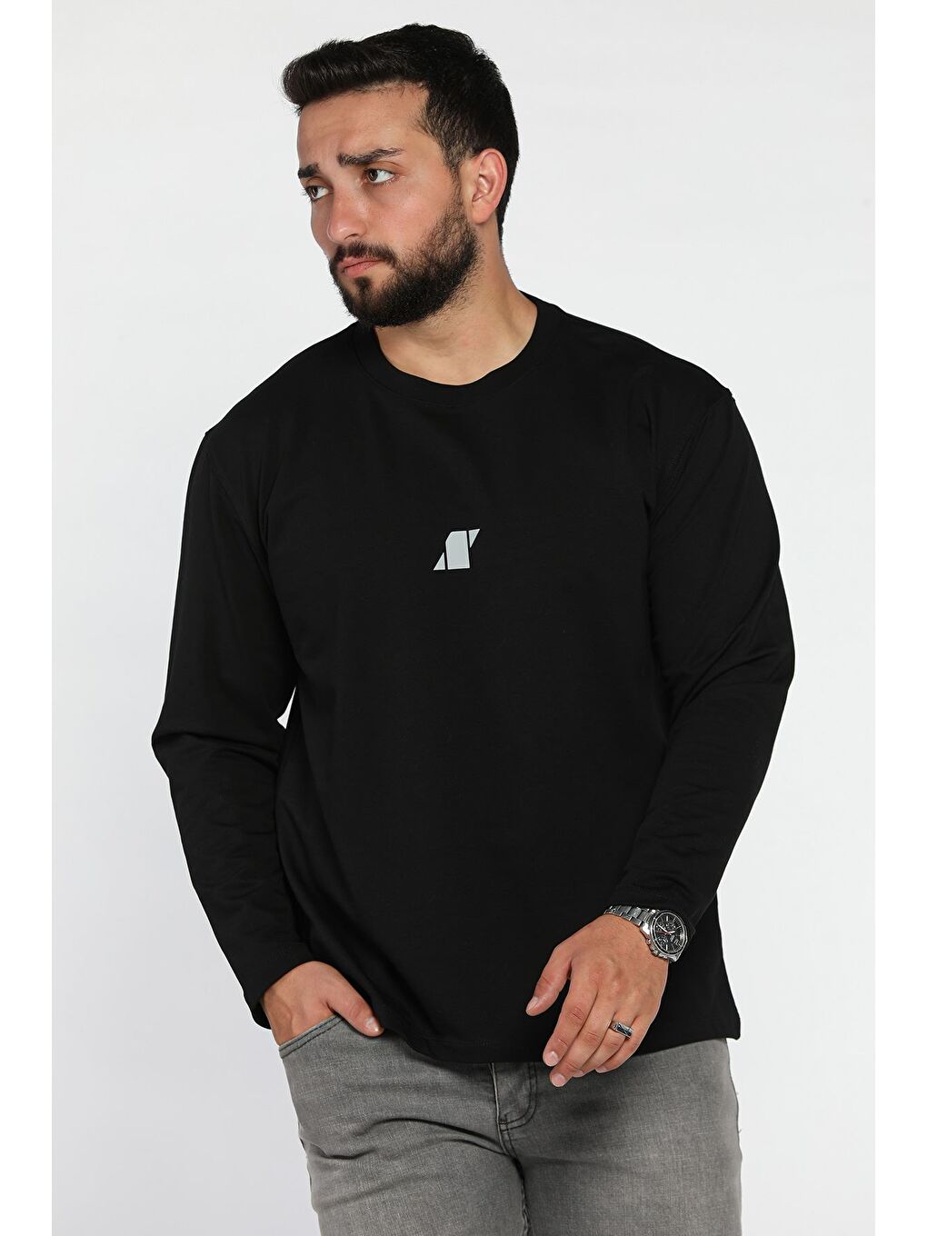 Siyah Erkek Bisiklet Yaka Baskılı Sweatshirt-1