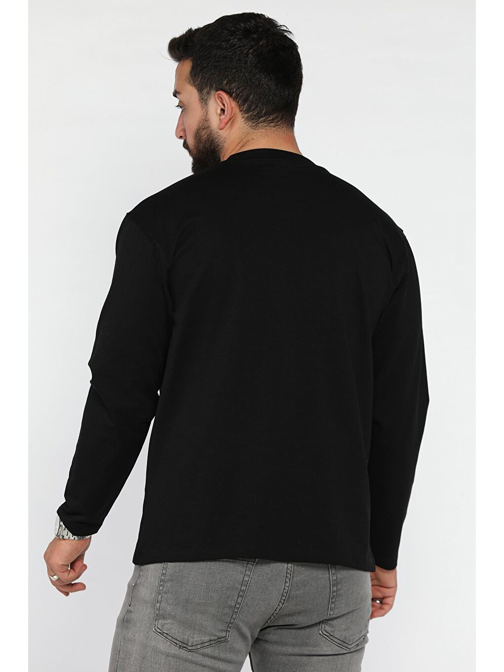 Siyah Erkek Bisiklet Yaka Baskılı Sweatshirt-2