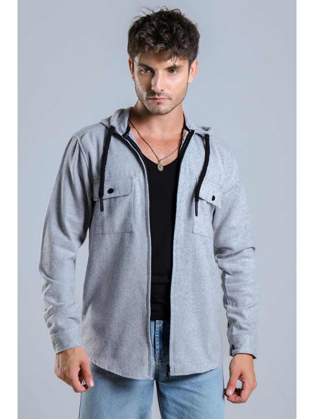 Gri Kapüşonlu Fermuarlı Kışlık Oduncu Gömlek MAR 4186