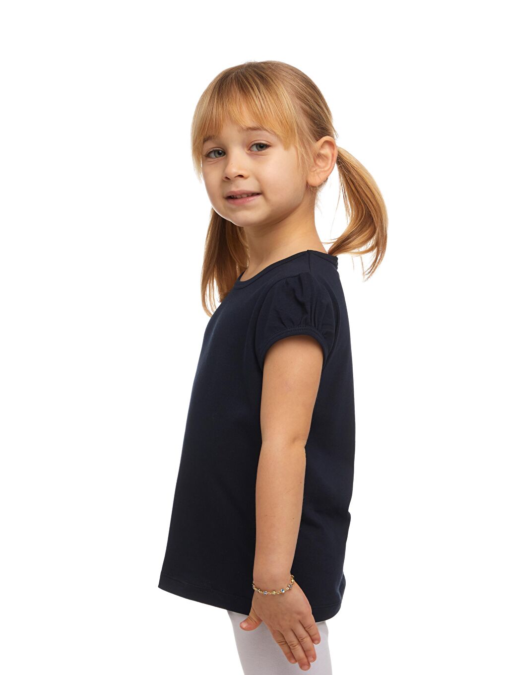 Koyu Lacivert Kız Çocuk Kısa Kollu Basıc Tişört-1