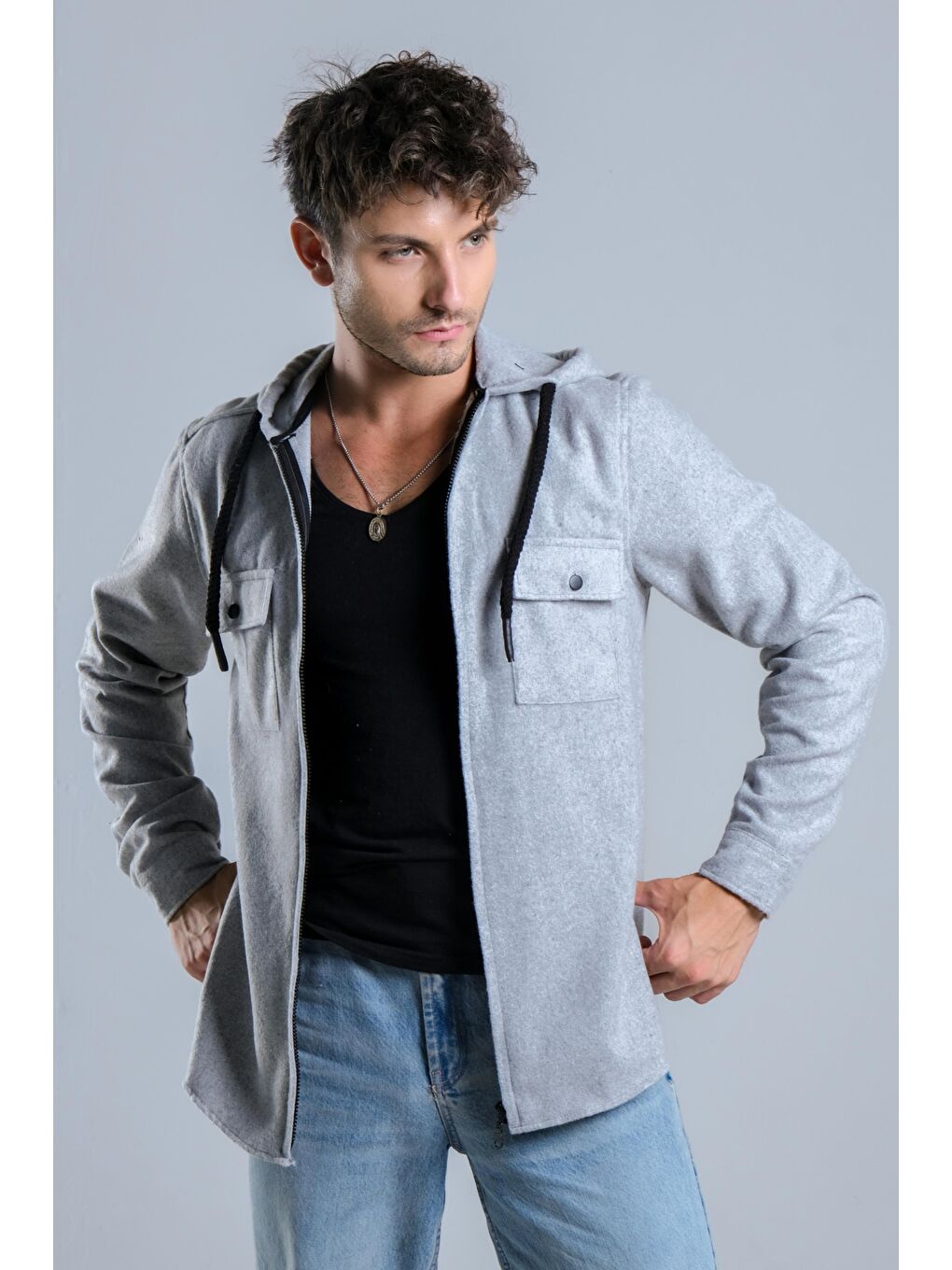 Gri Kapüşonlu Fermuarlı Kışlık Oduncu Gömlek MAR 4186-1