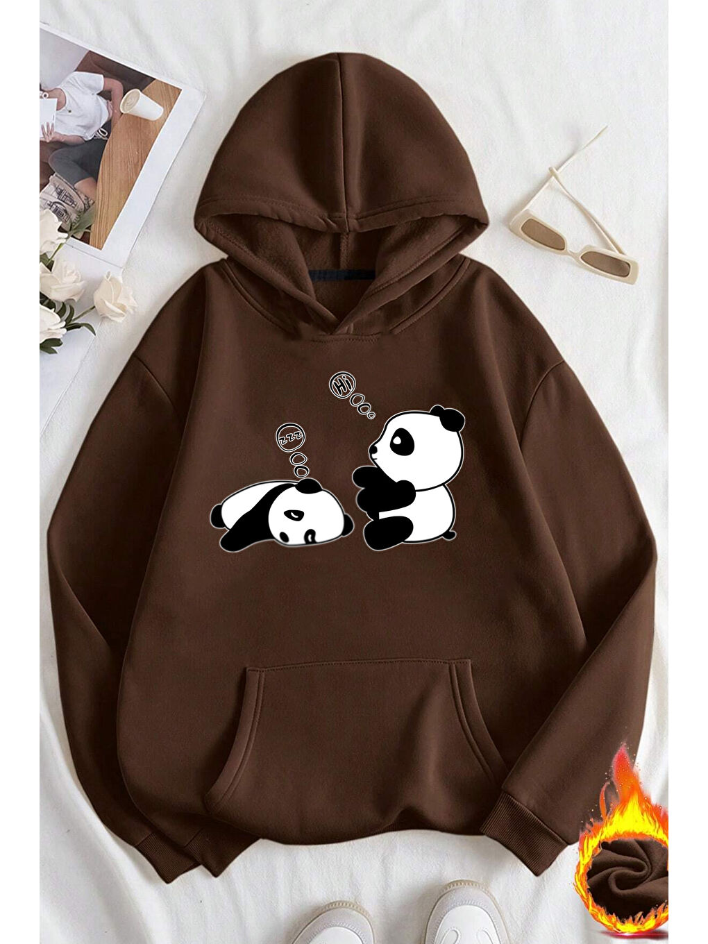 uyguntarz Kahverengi Unisex Panda Baskılı Oversize Sweatshirt