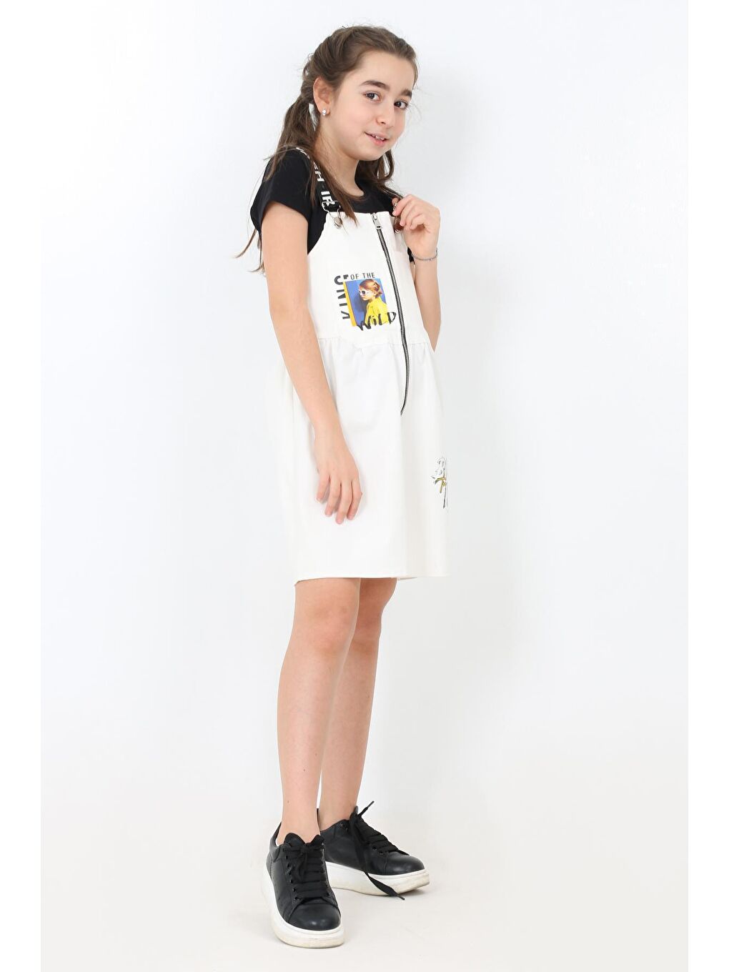 Beyaz Kız Çocuk Önü Fermuarlı Salopet Elbise 8-14 Yaş 13933-1