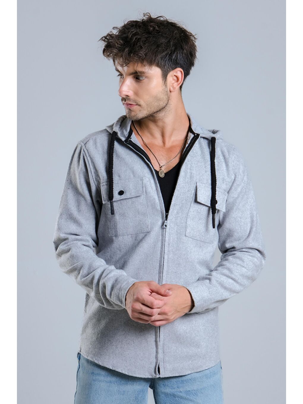 Gri Kapüşonlu Fermuarlı Kışlık Oduncu Gömlek MAR 4186-2