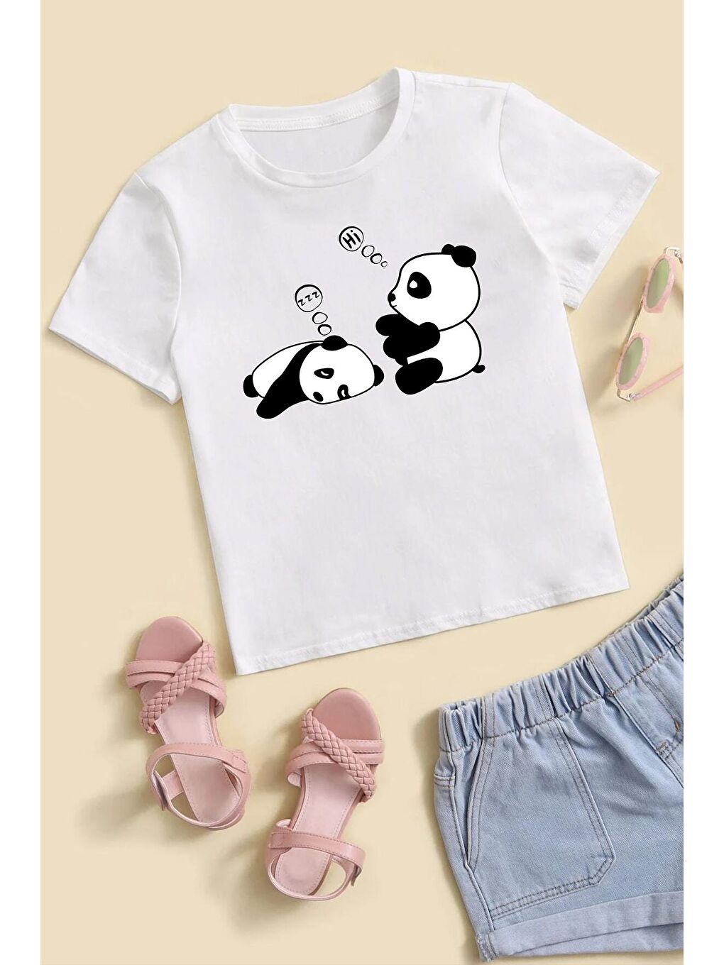 uyguntarz Beyaz Çocuk Sleep Panda Baskılı Pamuklu Tshirt