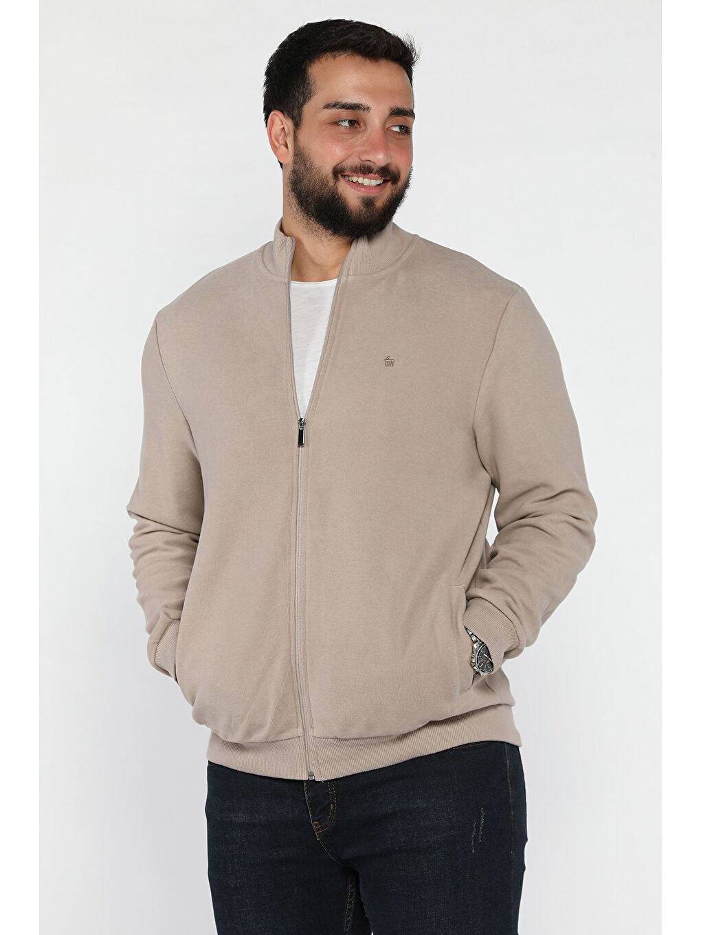 Bej Selanik Kumaş Fermuarlı Erkek Sweatshirt-1