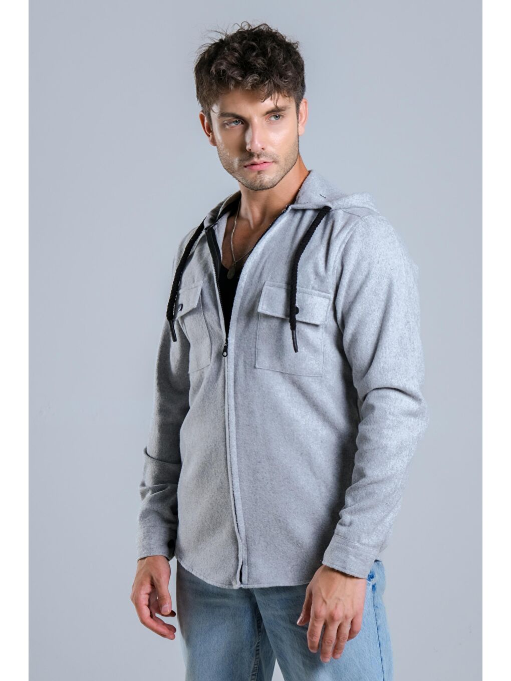 Gri Kapüşonlu Fermuarlı Kışlık Oduncu Gömlek MAR 4186-3