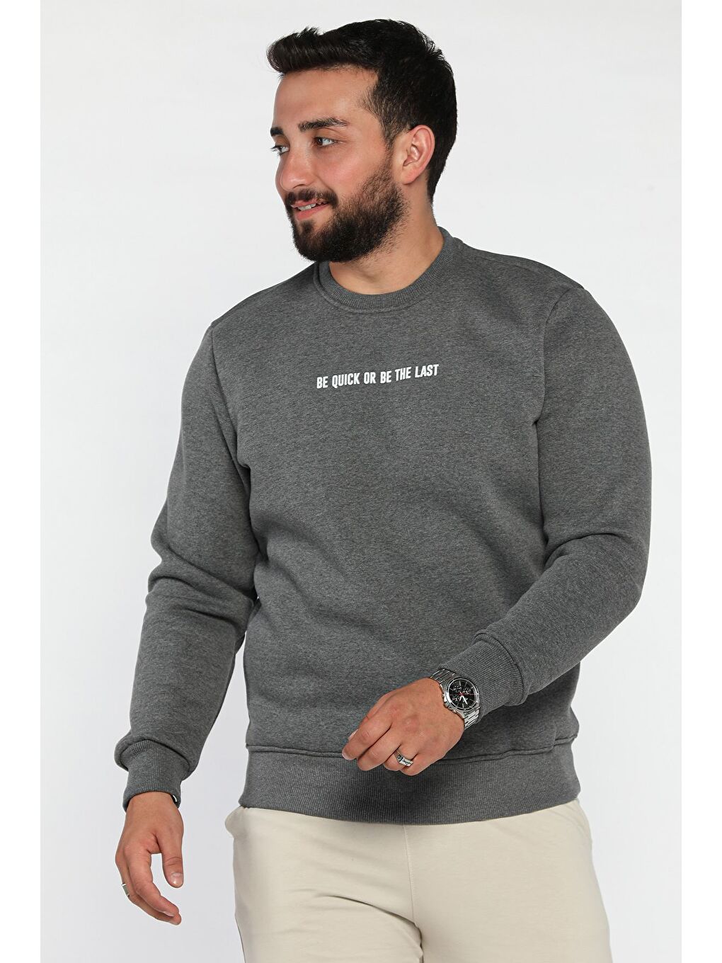 Antrasit Erkek Bisiklet Yaka Baskılı Üç İplik Şardonlu Sweatshirt-1