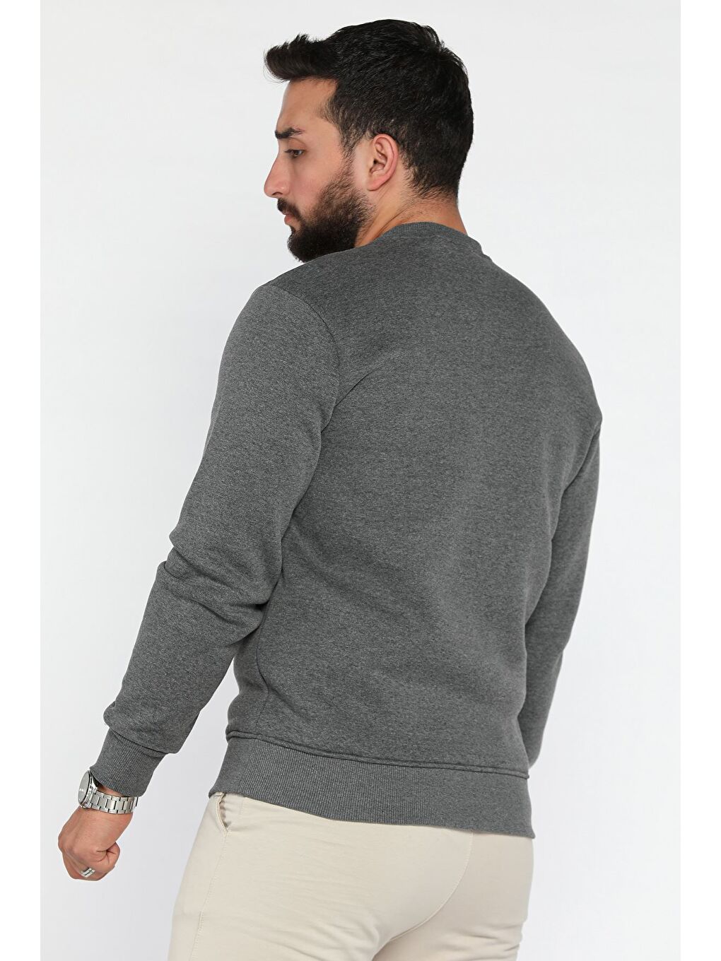 Antrasit Erkek Bisiklet Yaka Baskılı Üç İplik Şardonlu Sweatshirt-2