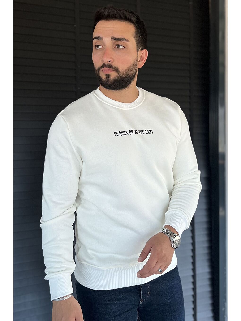 Ekru Erkek Bisiklet Yaka Baskılı Üç İplik Şardonlu Sweatshirt-1