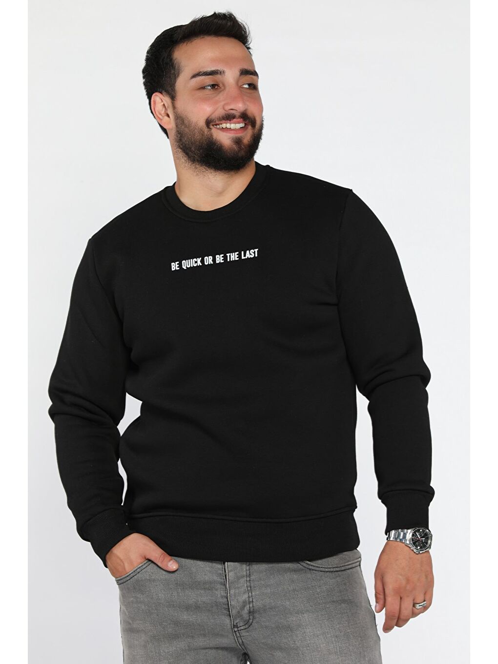 Siyah Erkek Bisiklet Yaka Baskılı Üç İplik Şardonlu Sweatshirt
