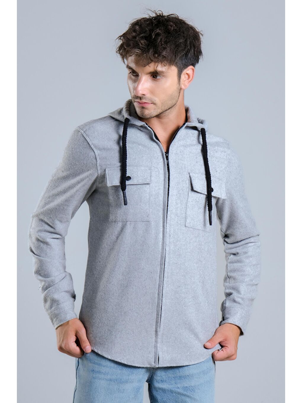 Gri Kapüşonlu Fermuarlı Kışlık Oduncu Gömlek MAR 4186-4