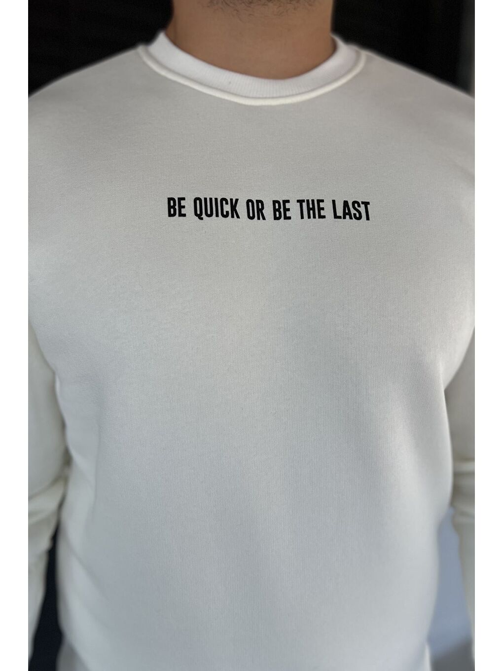 Ekru Erkek Bisiklet Yaka Baskılı Üç İplik Şardonlu Sweatshirt-2