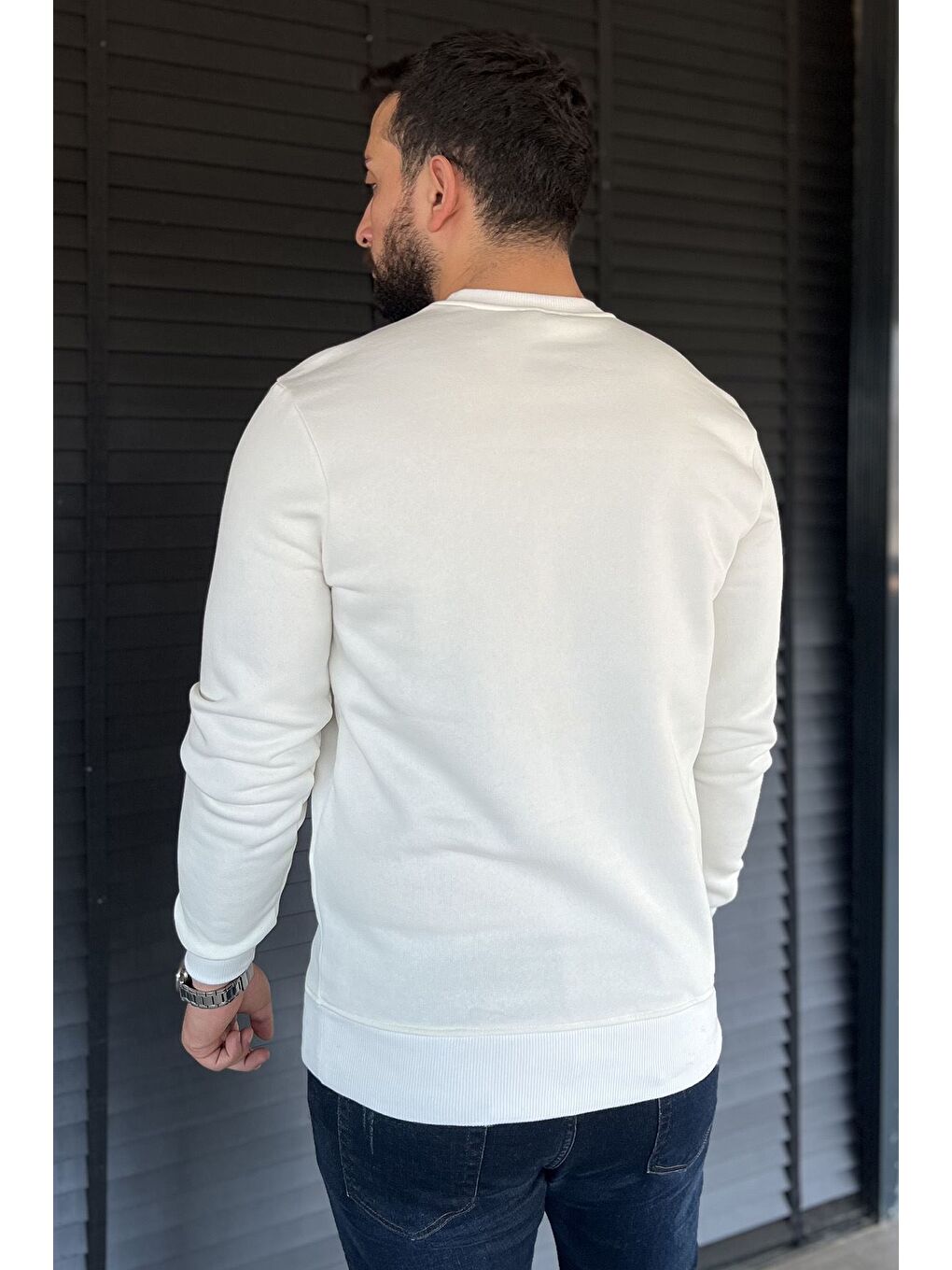 Ekru Erkek Bisiklet Yaka Baskılı Üç İplik Şardonlu Sweatshirt-3