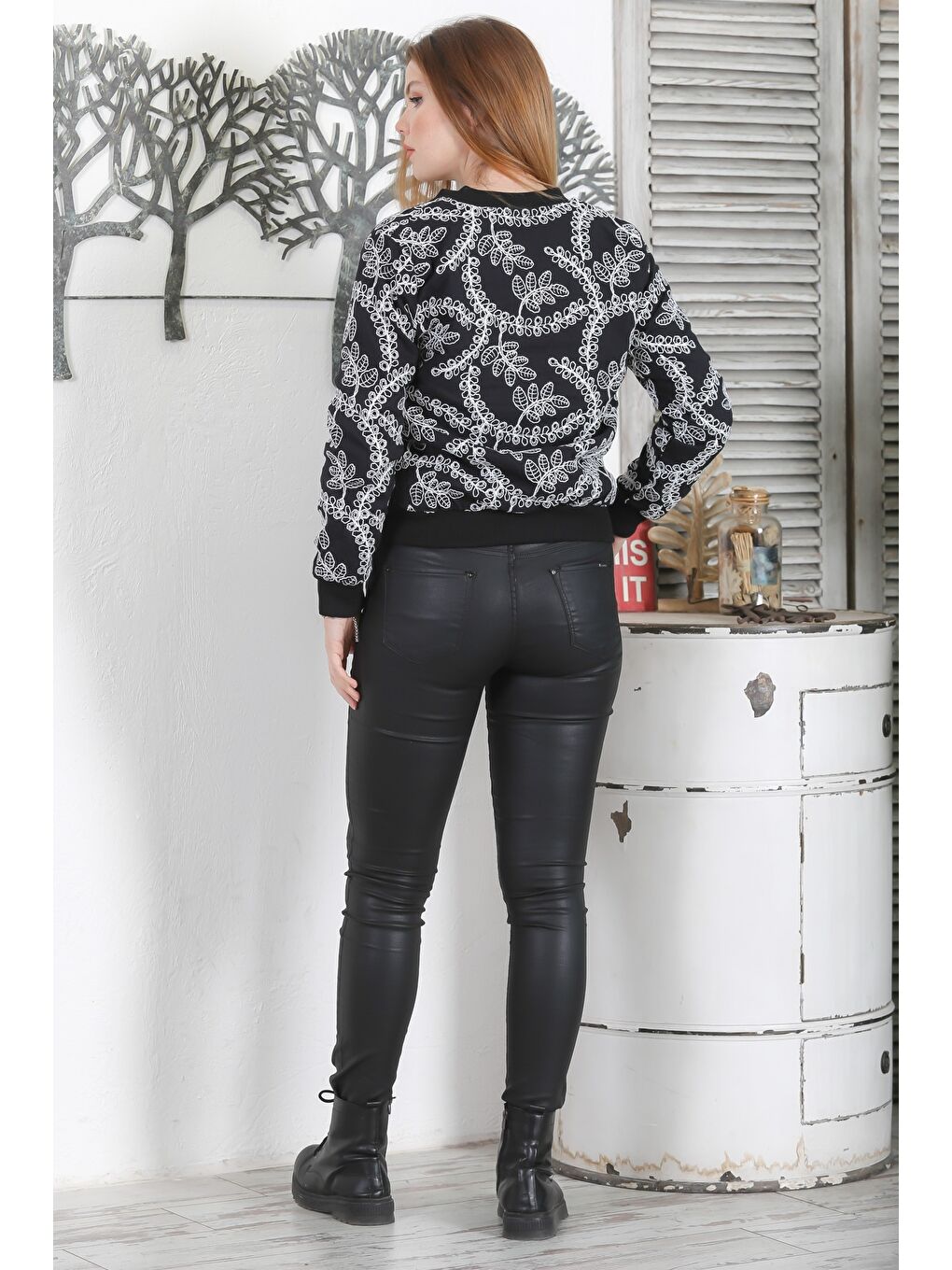 Siyah-Gri Bomber Yaka Manşetli Kollu Fermuarlı Astarlı Nakışlı Casual Dokuma Bomber Ceket-4