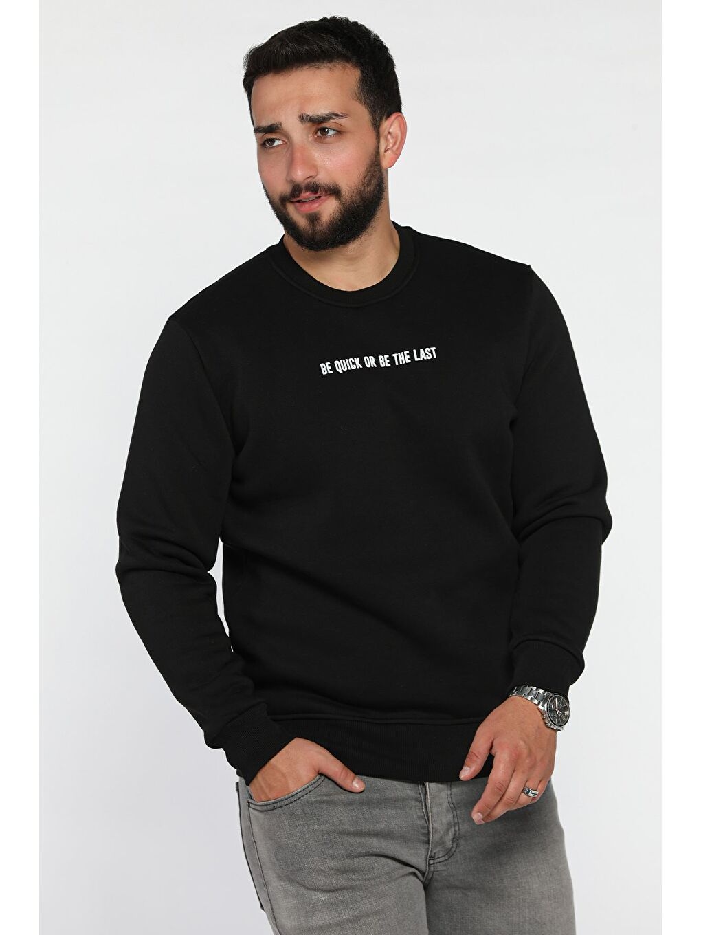 Siyah Erkek Bisiklet Yaka Baskılı Üç İplik Şardonlu Sweatshirt-1