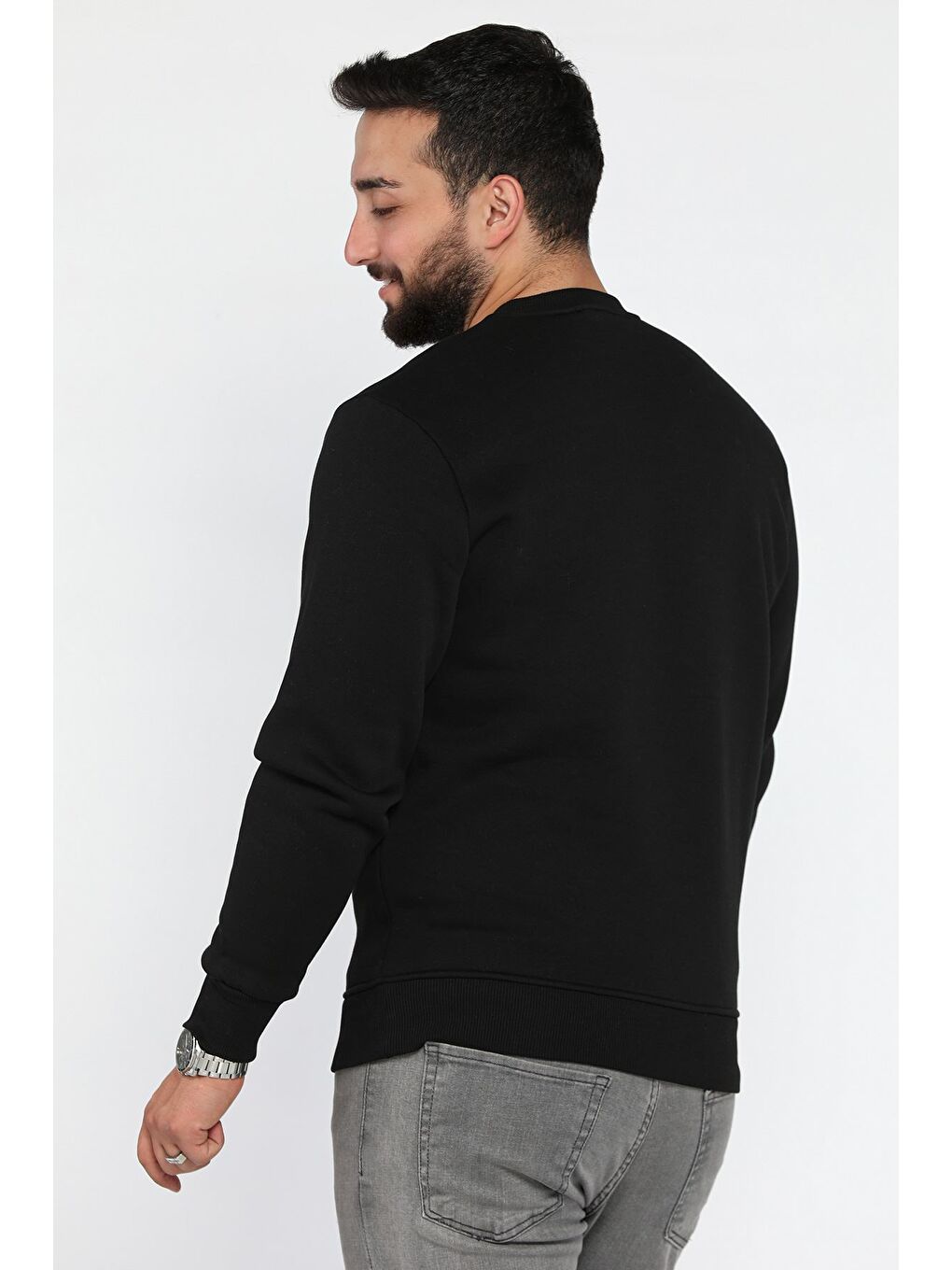Siyah Erkek Bisiklet Yaka Baskılı Üç İplik Şardonlu Sweatshirt-2