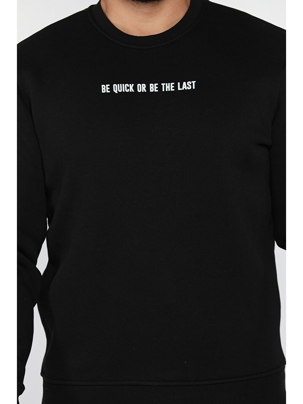 Siyah Erkek Bisiklet Yaka Baskılı Üç İplik Şardonlu Sweatshirt-3