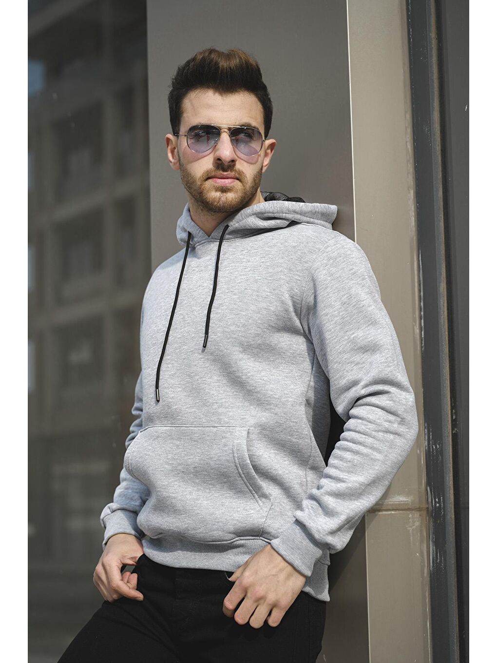 Oksit Gri Janvier Üç İplik Şardonlu Fitted Kapüşonlu Basic Erkek Sweatshirt - 1