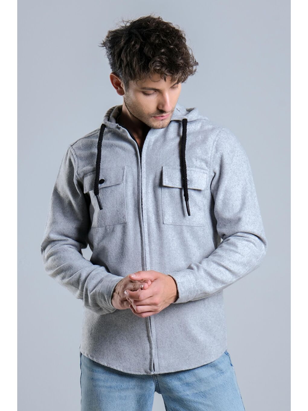 Gri Kapüşonlu Fermuarlı Kışlık Oduncu Gömlek MAR 4186-5