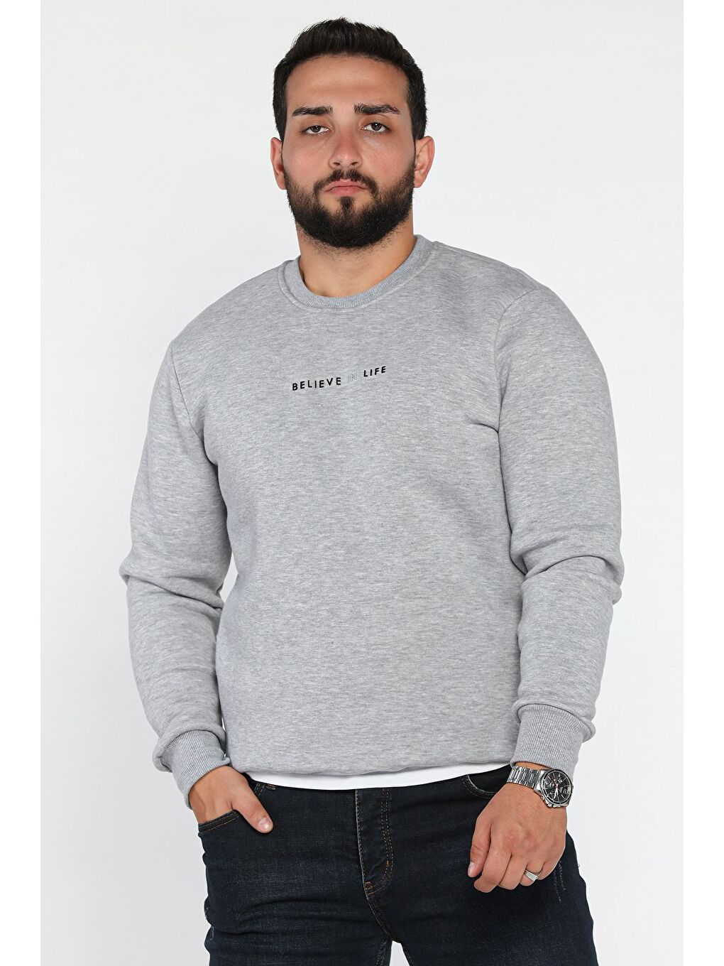 Gri Erkek Bisiklet Yaka Üç İplik Şardonlu Sweatshirt