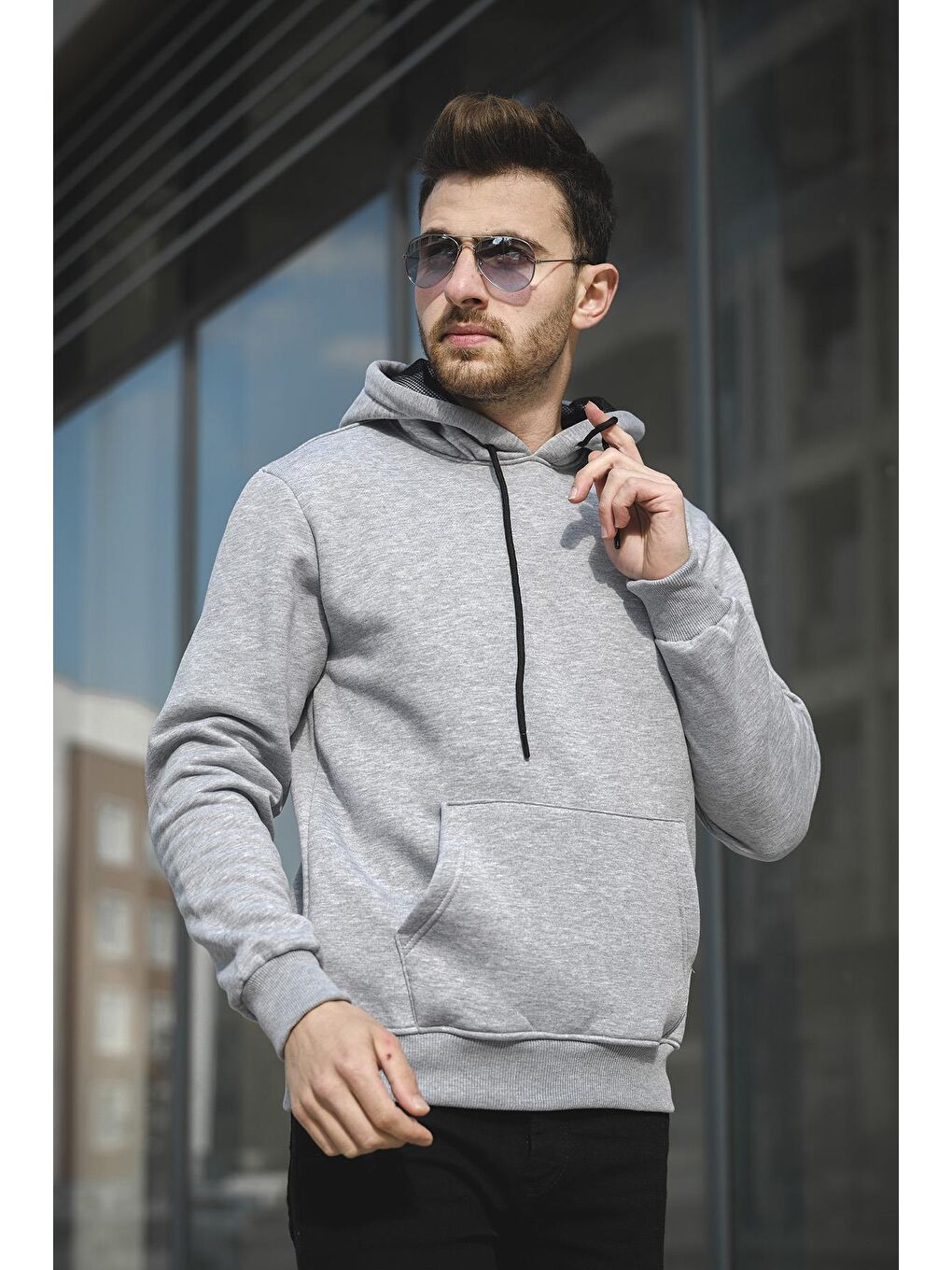 Oksit Gri Janvier Üç İplik Şardonlu Fitted Kapüşonlu Basic Erkek Sweatshirt - 2