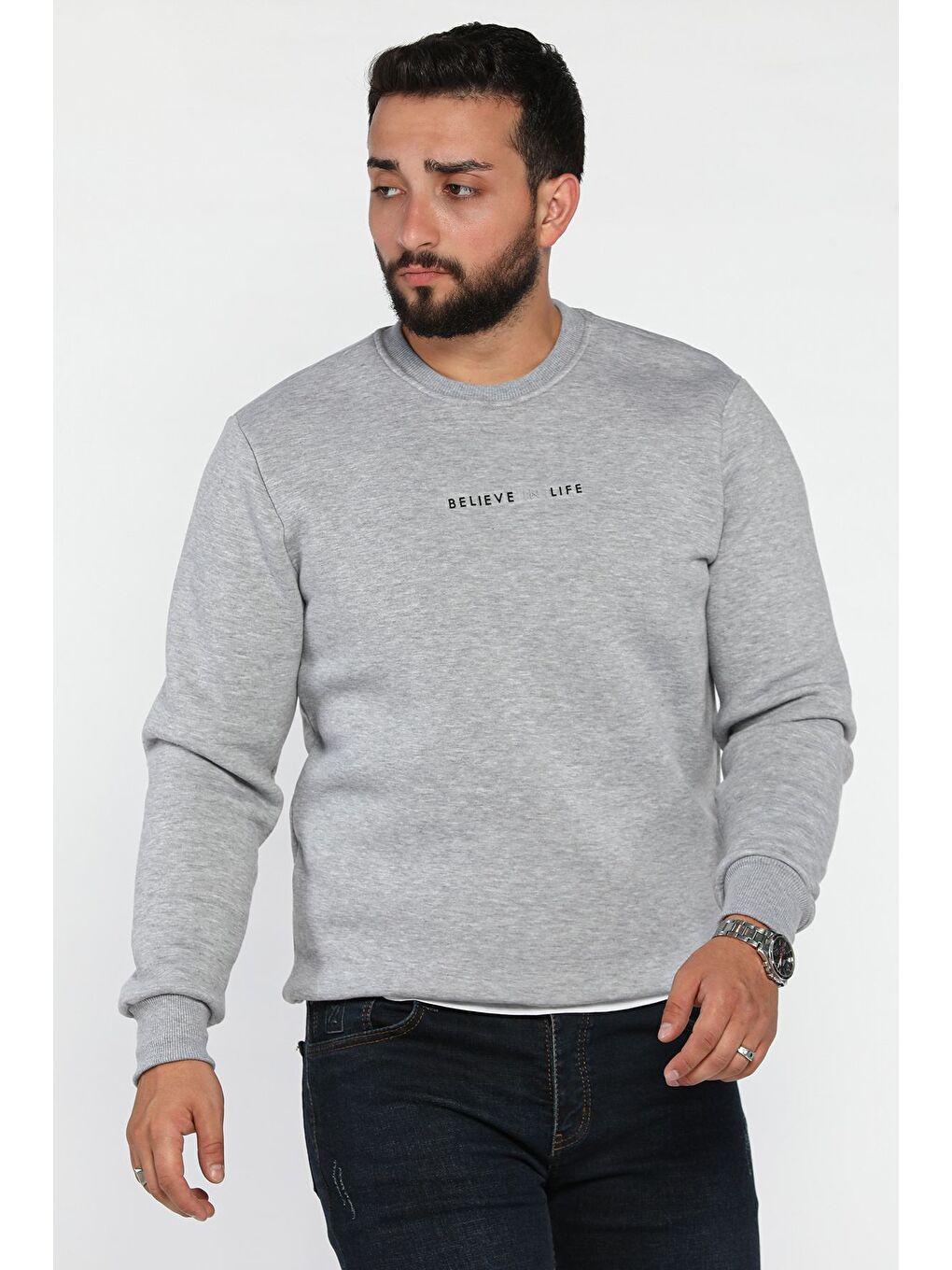 Gri Erkek Bisiklet Yaka Üç İplik Şardonlu Sweatshirt-1