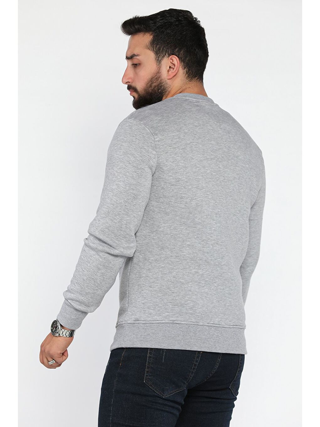 Gri Erkek Bisiklet Yaka Üç İplik Şardonlu Sweatshirt-2