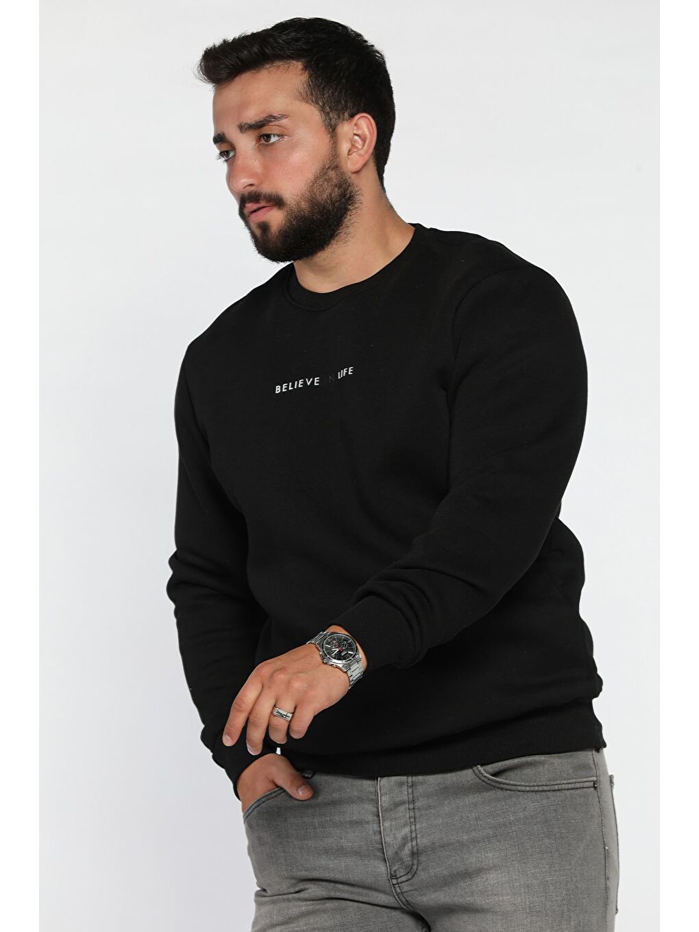 Siyah Erkek Bisiklet Yaka Üç İplik Şardonlu Sweatshirt-1