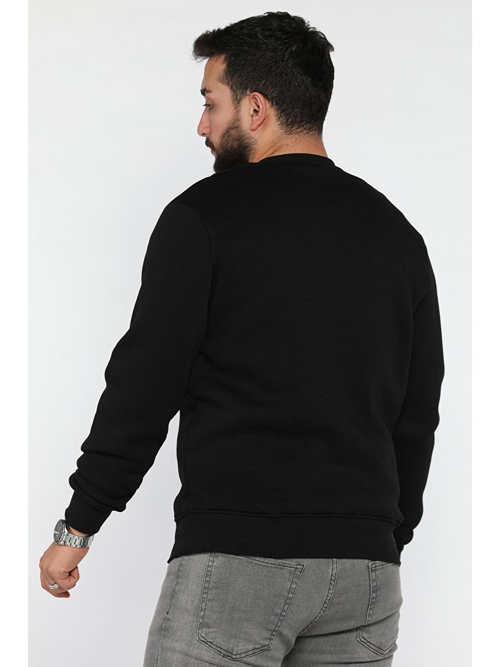 Siyah Erkek Bisiklet Yaka Üç İplik Şardonlu Sweatshirt-2