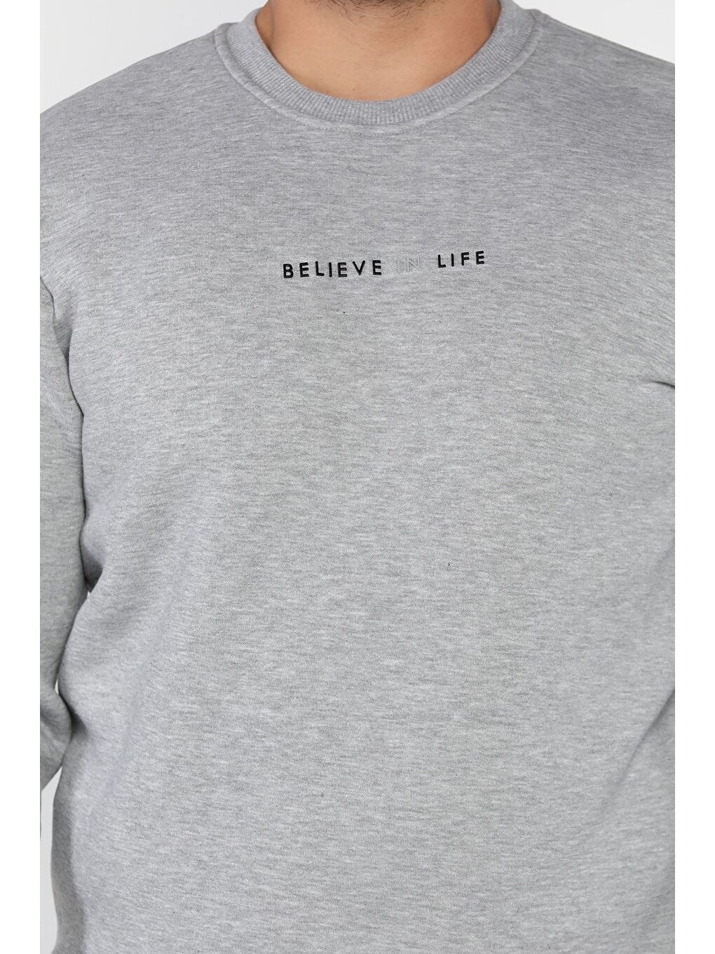 Gri Erkek Bisiklet Yaka Üç İplik Şardonlu Sweatshirt-3