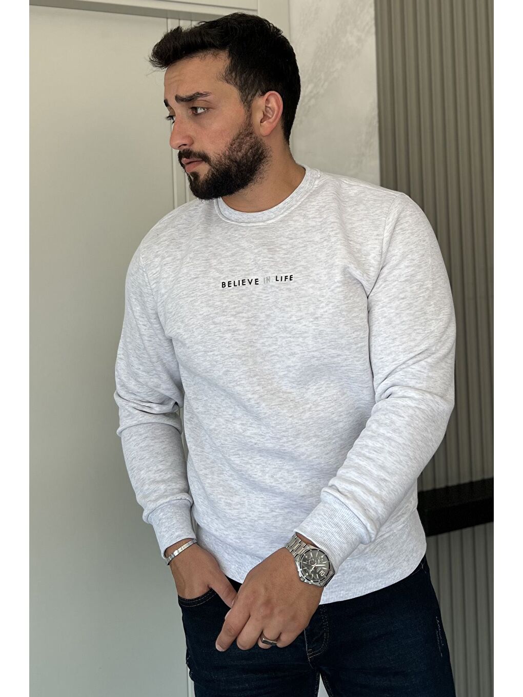 Gri Erkek Bisiklet Yaka Üç İplik Şardonlu Sweatshirt