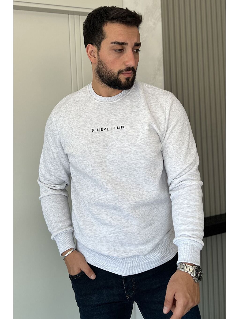 Gri Erkek Bisiklet Yaka Üç İplik Şardonlu Sweatshirt-1