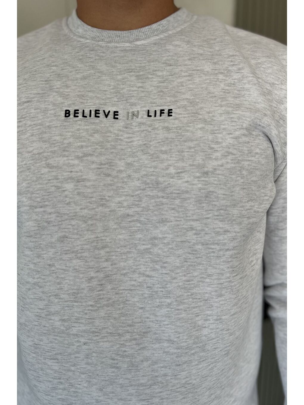 Gri Erkek Bisiklet Yaka Üç İplik Şardonlu Sweatshirt-2