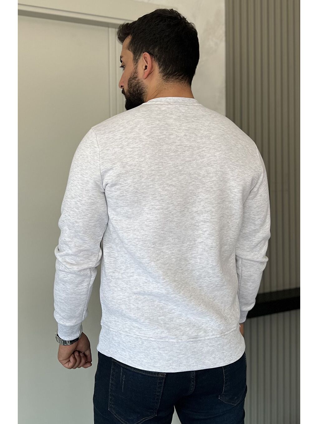 Gri Erkek Bisiklet Yaka Üç İplik Şardonlu Sweatshirt-3