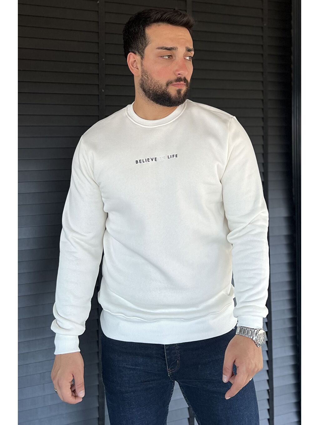 Ekru Erkek Bisiklet Yaka Üç İplik Şardonlu Sweatshirt