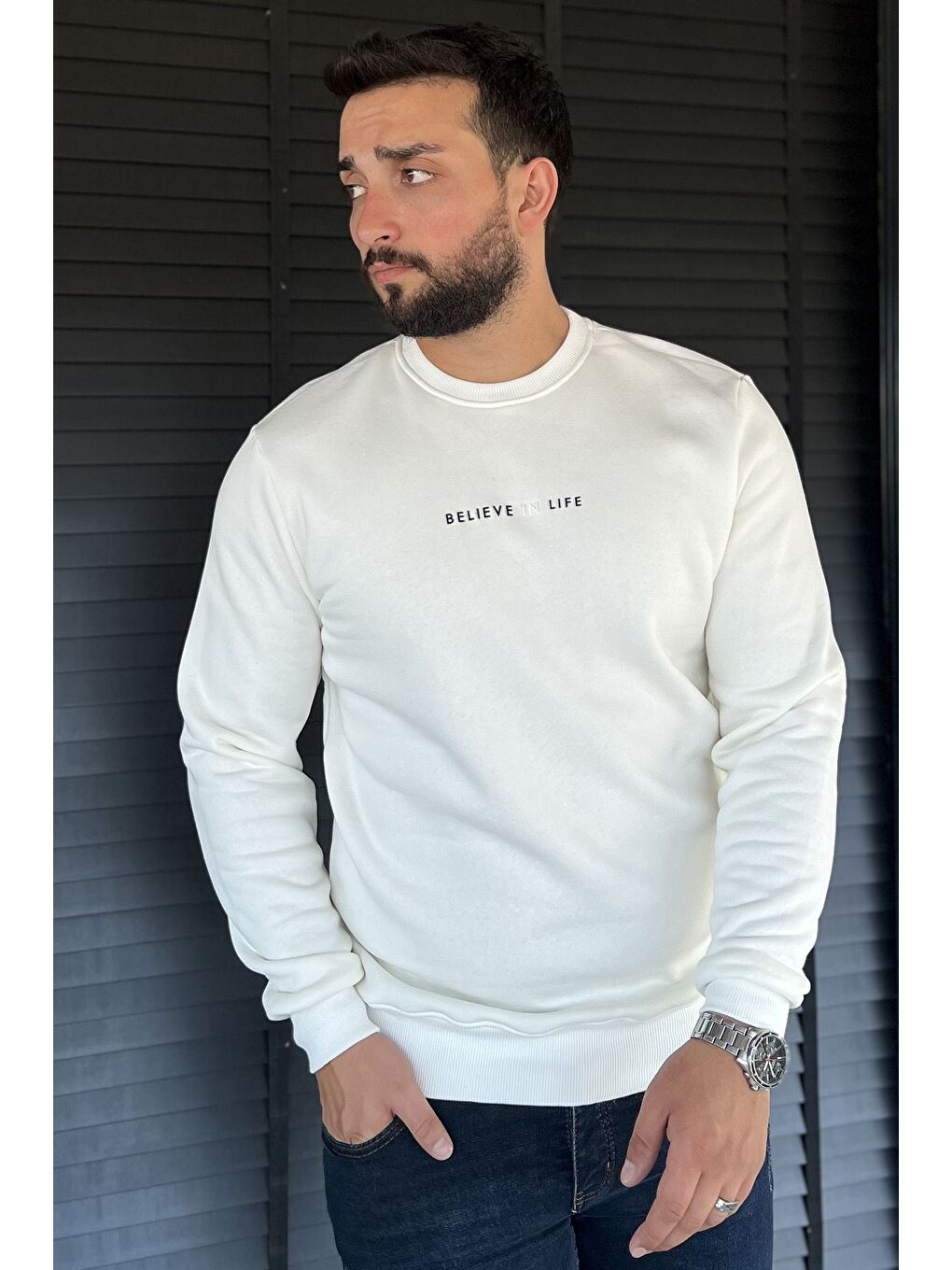 Ekru Erkek Bisiklet Yaka Üç İplik Şardonlu Sweatshirt-1