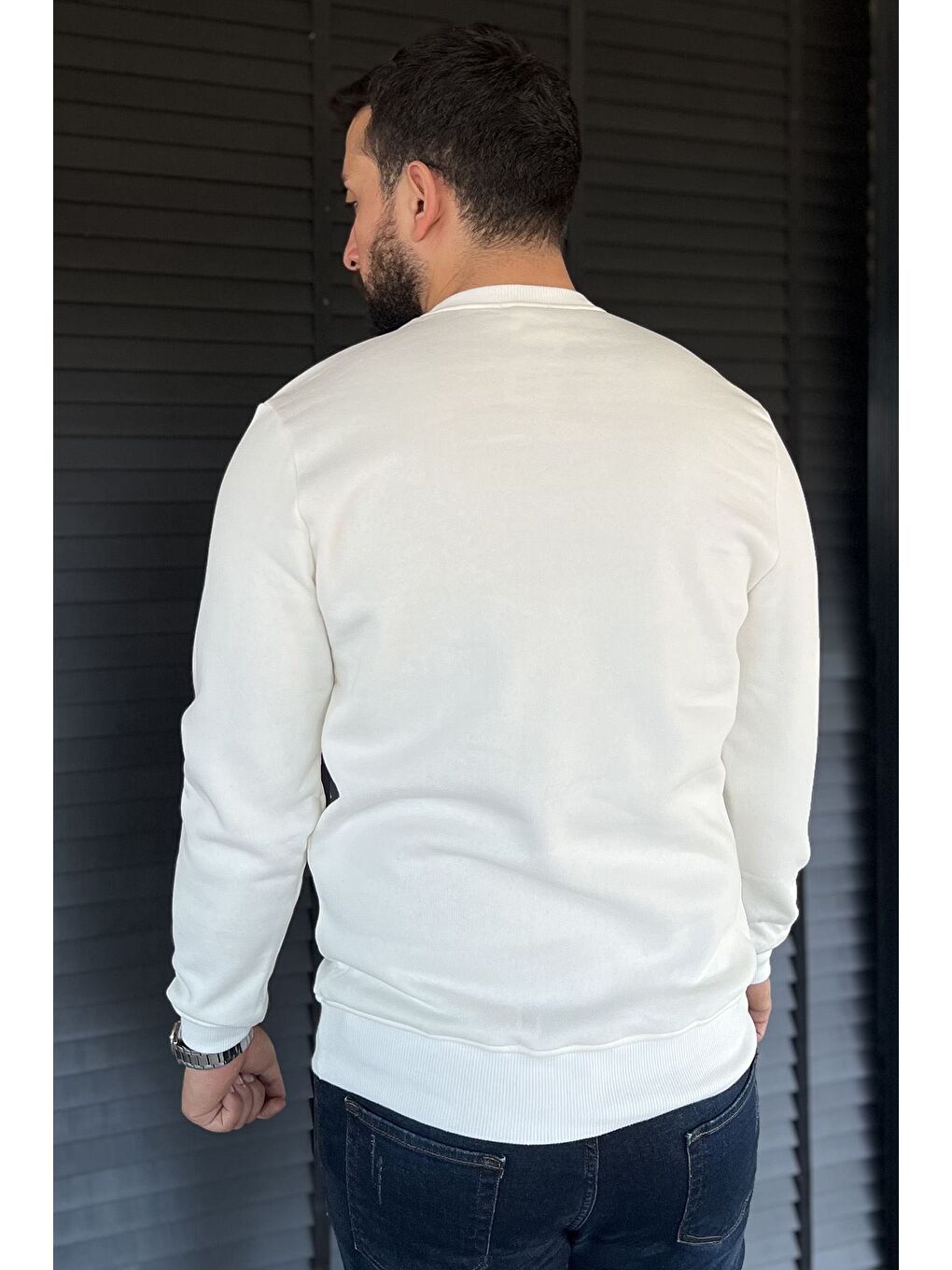 Ekru Erkek Bisiklet Yaka Üç İplik Şardonlu Sweatshirt-3