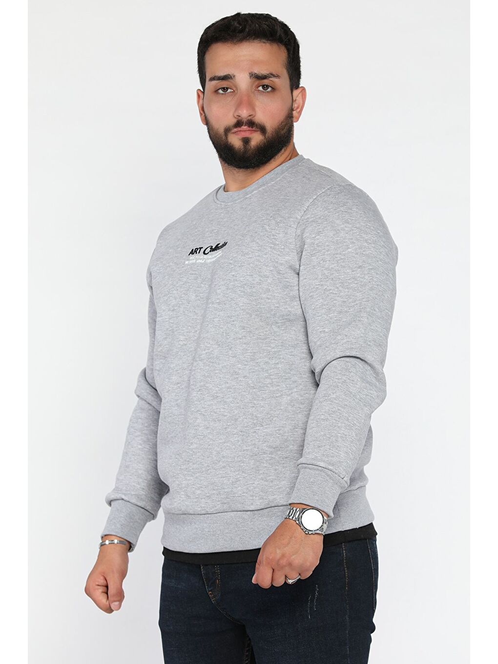 Gri Üç İplik Şardonlu Baskılı Erkek Sweatshirt
